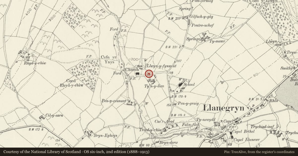 Ordnance Survey six-inch map, 2nd edition (1888–1913) covering the location of Lychgate at the Church of St Mary and St Egryn, Llanegryn, Gwynedd, with a pin at the register's coordinates