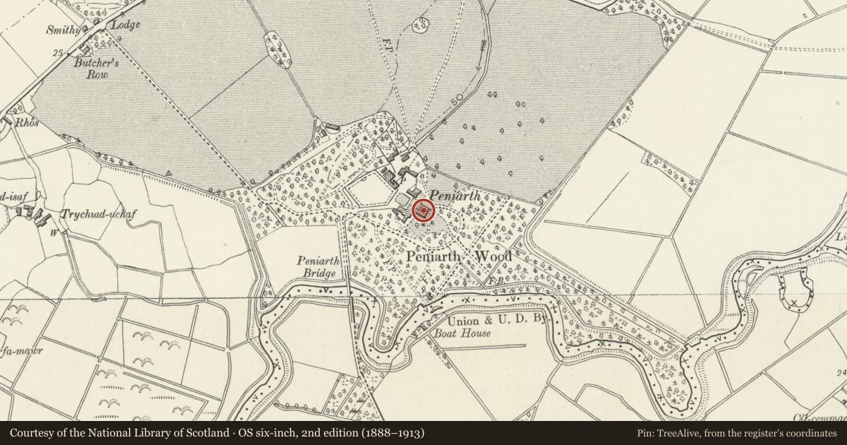 Ordnance Survey six-inch map, 2nd edition (1888–1913) covering the location of Peniarth, Llanegryn, Gwynedd, with a pin at the register's coordinates