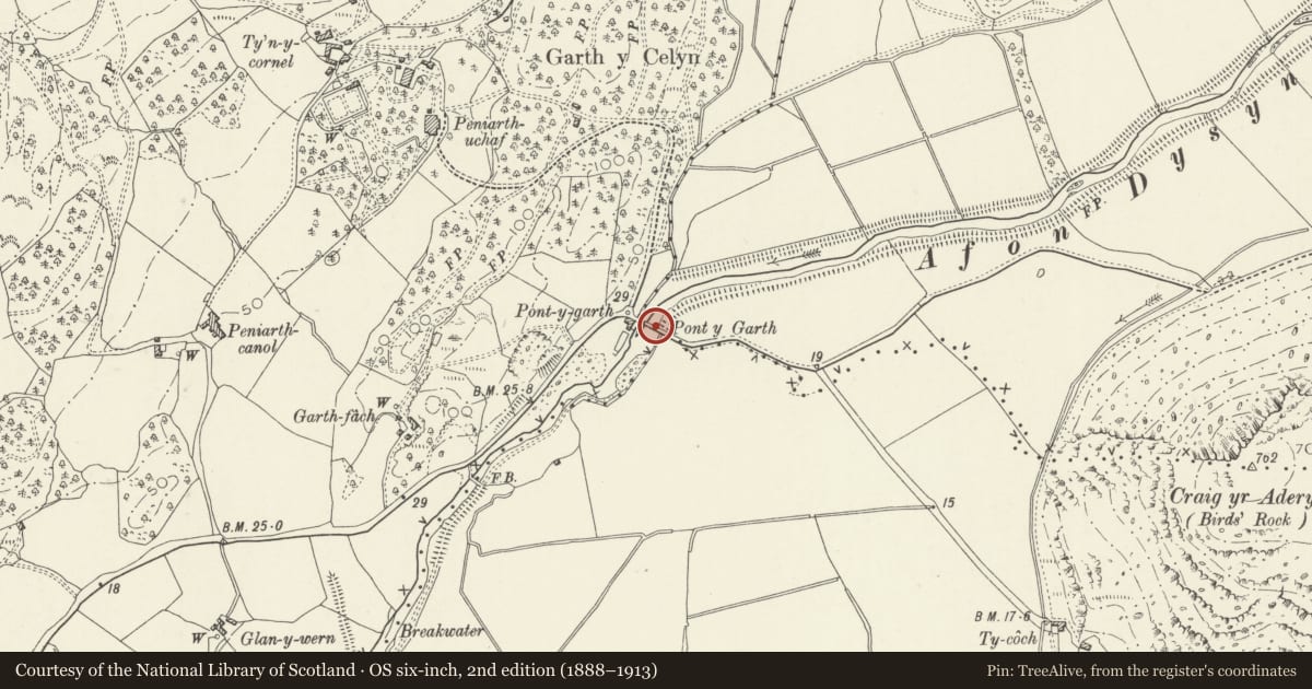 Ordnance Survey six-inch map, 2nd edition (1888–1913) covering the location of Pont y Garth (partly in Llanfihangel y Pennant Community), Llanfihangel-y-Pennant, Gwynedd, with a pin at the register's coordinates