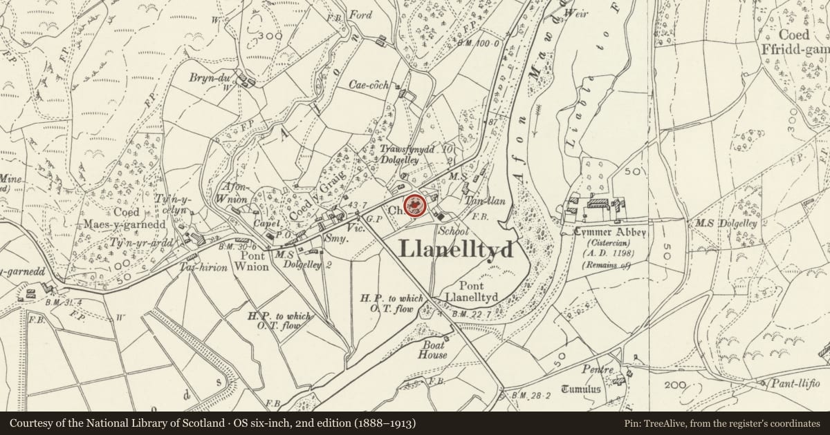 Ordnance Survey six-inch map, 2nd edition (1888–1913) covering the location of Parish Church of St Illtyd including churchyard walls and gatepiers, Llanelltyd, Gwynedd, with a pin at the register's coordinates
