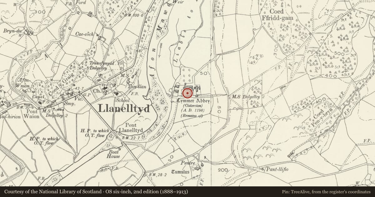 Ordnance Survey six-inch map, 2nd edition (1888–1913) covering the location of Cymer Abbey, Llanelltyd, Gwynedd, with a pin at the register's coordinates