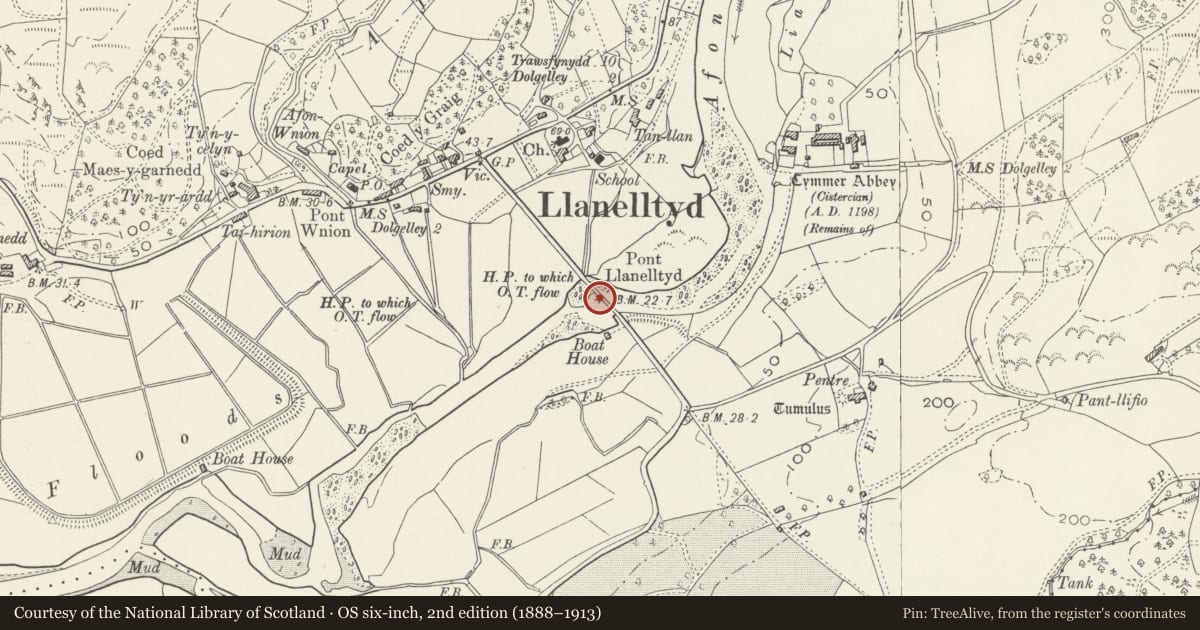 Ordnance Survey six-inch map, 2nd edition (1888–1913) covering the location of Pont Llanelltyd, Gwynedd, with a pin at the register's coordinates
