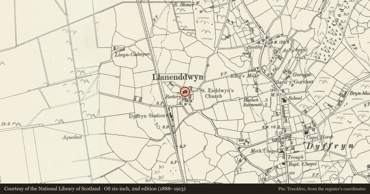 Ordnance Survey six-inch map, 2nd edition (1888–1913) covering the location of Church of St. Enddwyn, Dyffryn Ardudwy, Gwynedd, with a pin at the register's coordinates