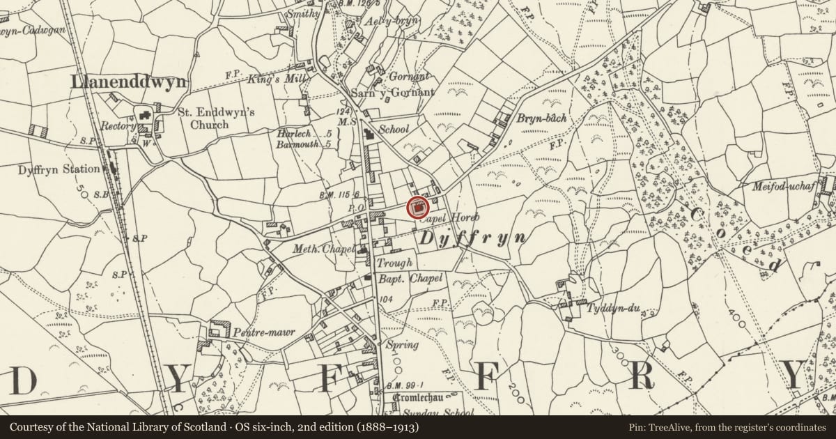 Ordnance Survey six-inch map, 2nd edition (1888–1913) covering the location of Capel Horeb and chapel house including railings and gates, Dyffryn Ardudwy, Gwynedd, with a pin at the register's coordinates