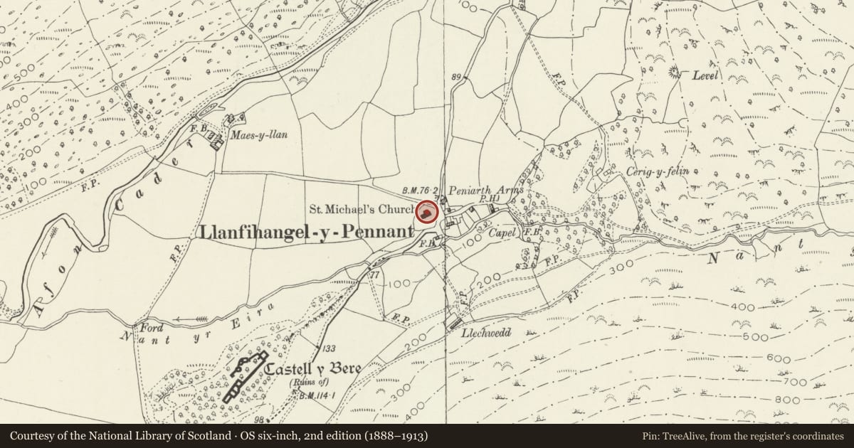 Ordnance Survey six-inch map, 2nd edition (1888–1913) covering the location of Church of St Michael, Llanfihangel-y-Pennant, Gwynedd, with a pin at the register's coordinates