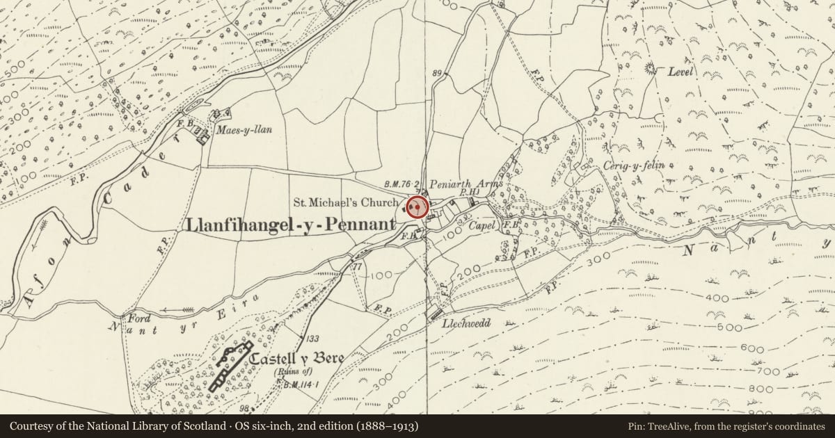 Ordnance Survey six-inch map, 2nd edition (1888–1913) covering the location of Lychgate to the Church of St Michael, Llanfihangel-y-Pennant, Gwynedd, with a pin at the register's coordinates