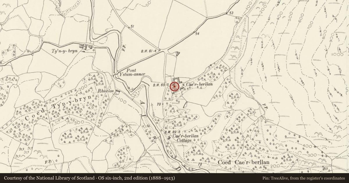 Ordnance Survey six-inch map, 2nd edition (1888–1913) covering the location of Front garden walls, gate piers and mounting block at Cae'r Berllan, Llanfihangel-y-Pennant, Gwynedd, with a pin at the register's coordinates