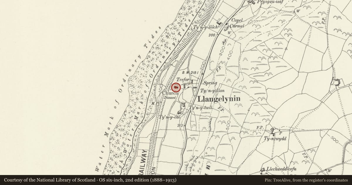 Ordnance Survey six-inch map, 2nd edition (1888–1913) covering the location of Church of St Celynin, Llangelynin, Gwynedd, with a pin at the register's coordinates