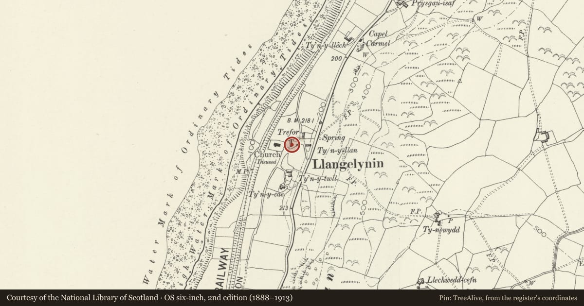 Ordnance Survey six-inch map, 2nd edition (1888–1913) covering the location of Lych gate and churchyard wall at Llangelynin church, Gwynedd, with a pin at the register's coordinates