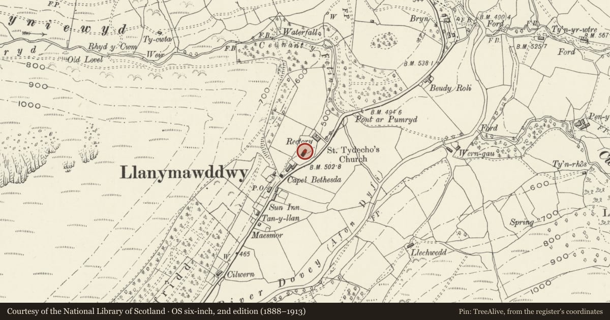 Ordnance Survey six-inch map, 2nd edition (1888–1913) covering the location of Church of St Tydecho, Mawddwy, Gwynedd, with a pin at the register's coordinates