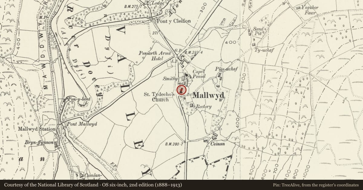 Ordnance Survey six-inch map, 2nd edition (1888–1913) covering the location of Church of St Tydecho, Mawddwy, Gwynedd, with a pin at the register's coordinates