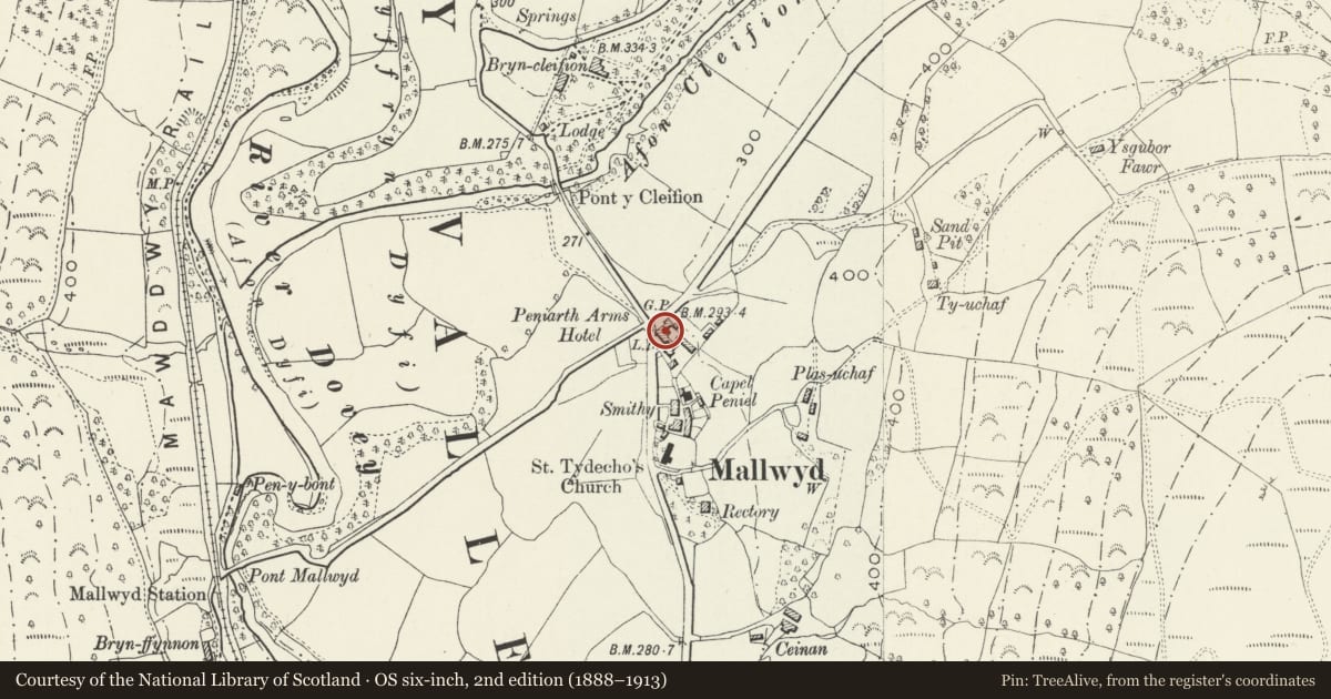 Ordnance Survey six-inch map, 2nd edition (1888–1913) covering the location of Brigands Inn, Mawddwy, Gwynedd, with a pin at the register's coordinates
