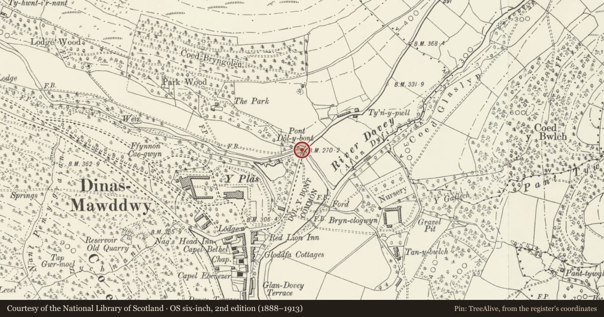 Ordnance Survey six-inch map, 2nd edition (1888–1913) covering the location of Pont Dol-y-Bont, Mawddwy, Gwynedd, with a pin at the register's coordinates