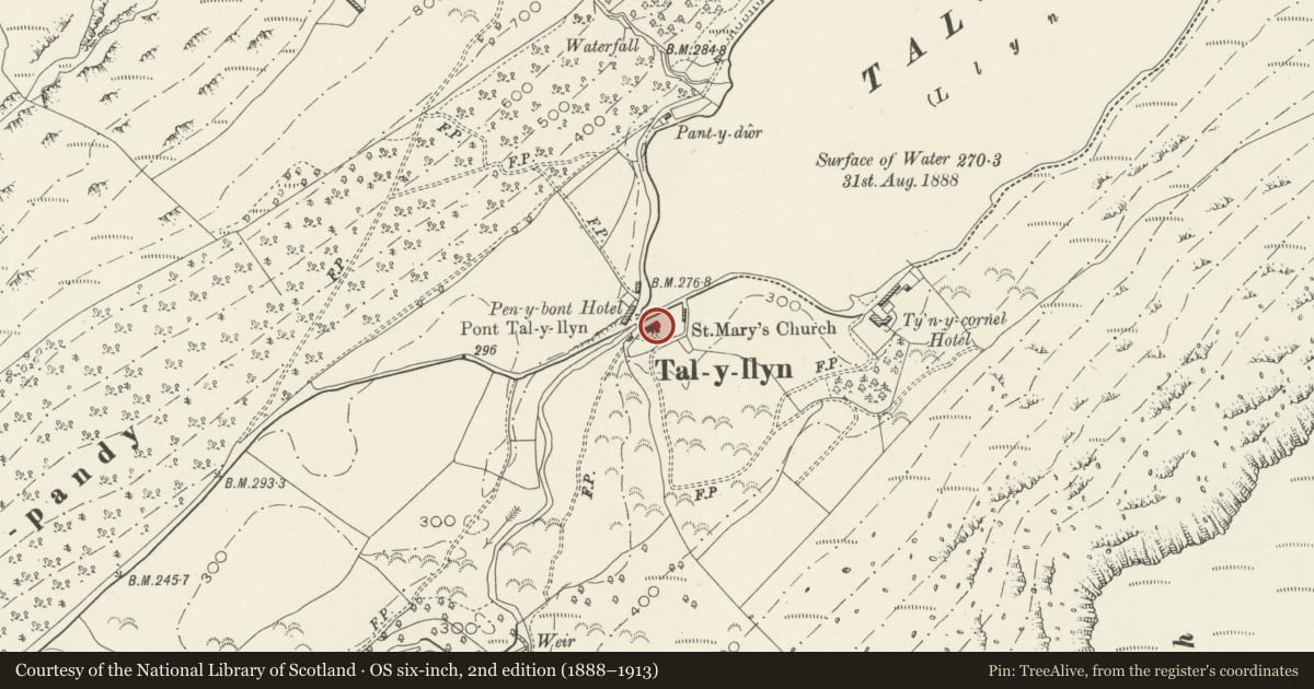 Ordnance Survey six-inch map, 2nd edition (1888–1913) covering the location of Church of St Mary, Llanfihangel-y-Pennant, Gwynedd, with a pin at the register's coordinates