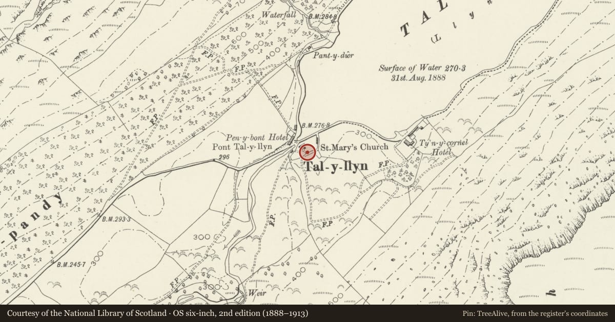 Ordnance Survey six-inch map, 2nd edition (1888–1913) covering the location of Lychgate at the Church of St Mary, Llanfihangel-y-Pennant, Gwynedd, with a pin at the register's coordinates