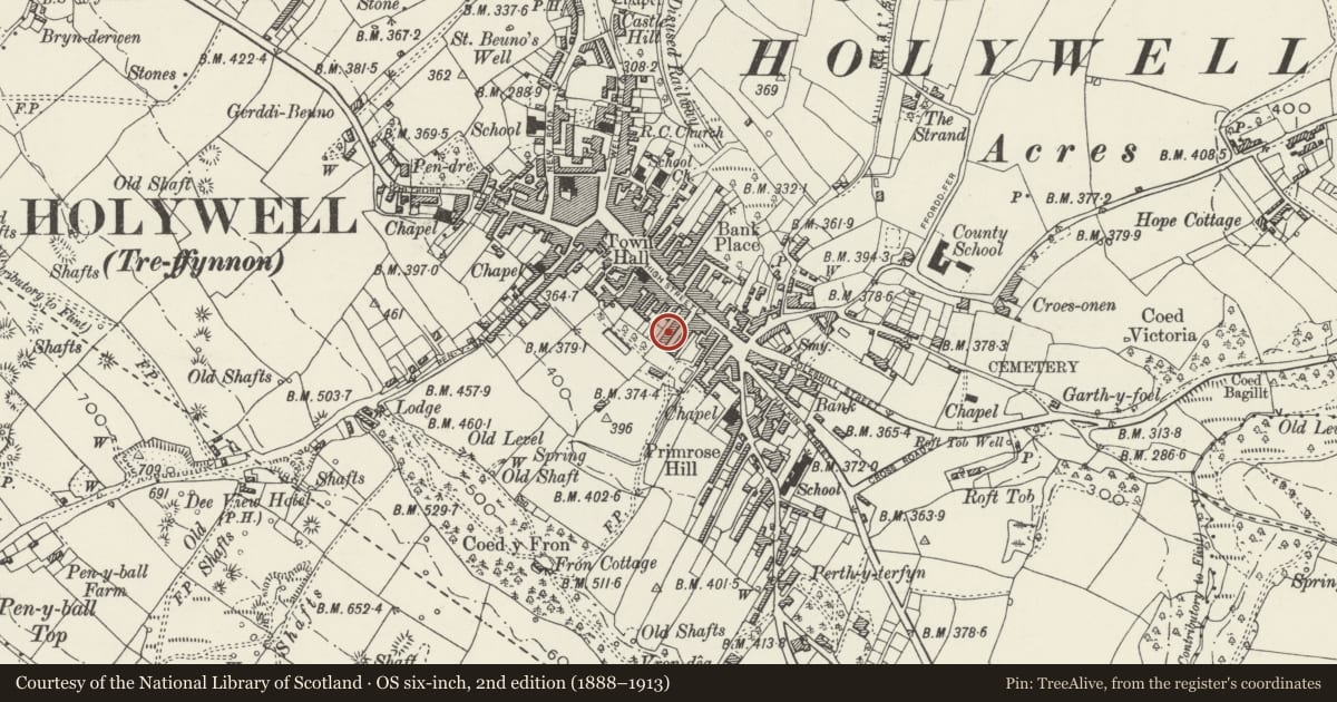 Ordnance Survey six-inch map, 2nd edition (1888–1913) covering the location of 22 Panton Place, Holywell, Flintshire, with a pin at the register's coordinates