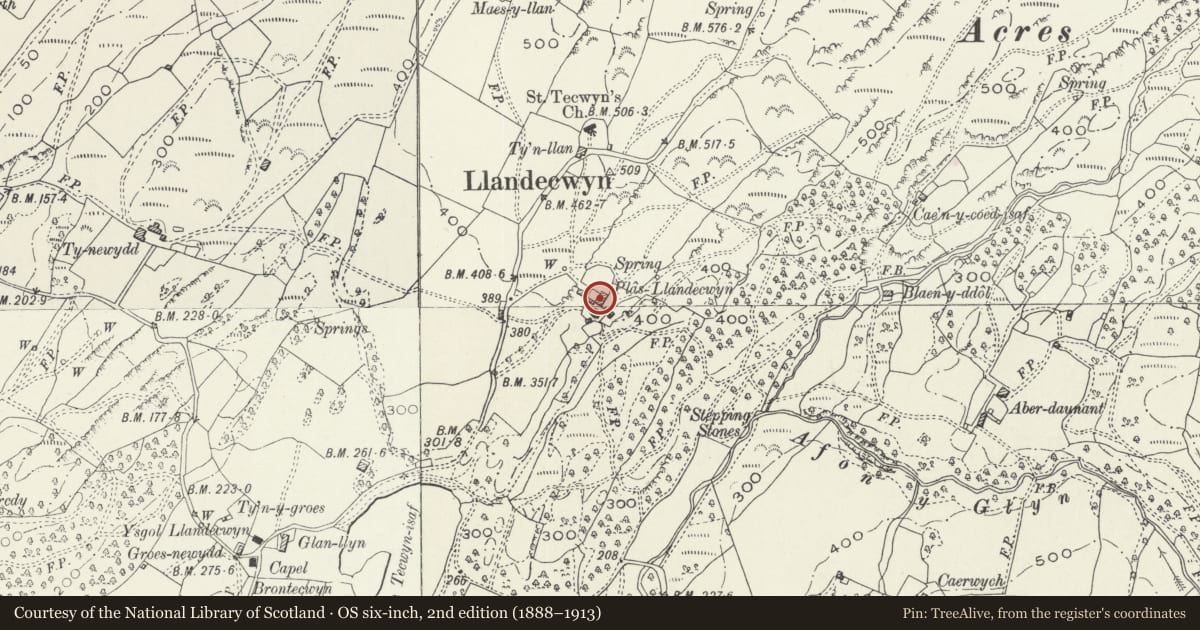 Ordnance Survey six-inch map, 2nd edition (1888–1913) covering the location of Plas Llandecwyn, Talsarnau, Gwynedd, with a pin at the register's coordinates