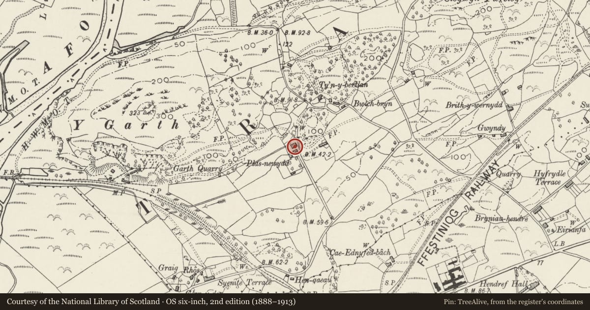 Ordnance Survey six-inch map, 2nd edition (1888–1913) covering the location of Plas Newydd Farmhouse, Llanfrothen, Gwynedd, with a pin at the register's coordinates