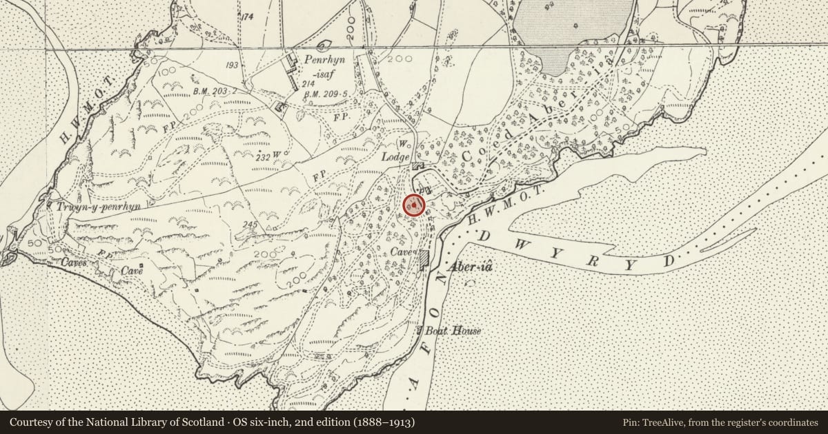 Ordnance Survey six-inch map, 2nd edition (1888–1913) covering the location of Portmeirion Town Hall, Penrhyndeudraeth, Gwynedd, with a pin at the register's coordinates