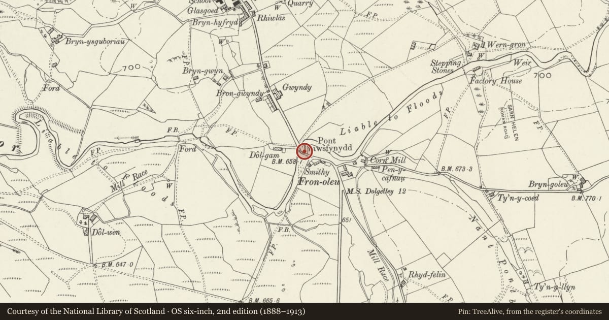 Ordnance Survey six-inch map, 2nd edition (1888–1913) covering the location of Pont Trawsfynydd, Gwynedd, with a pin at the register's coordinates