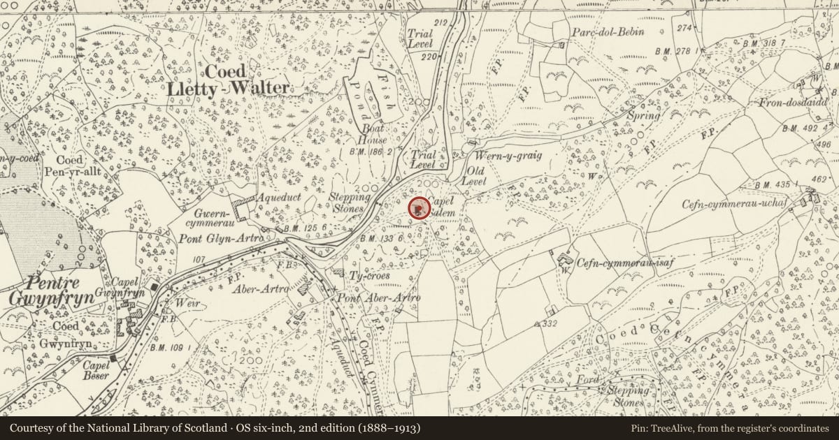 Ordnance Survey six-inch map, 2nd edition (1888–1913) covering the location of Salem Chapel and caretaker's cottage, Llanbedr, Gwynedd, with a pin at the register's coordinates