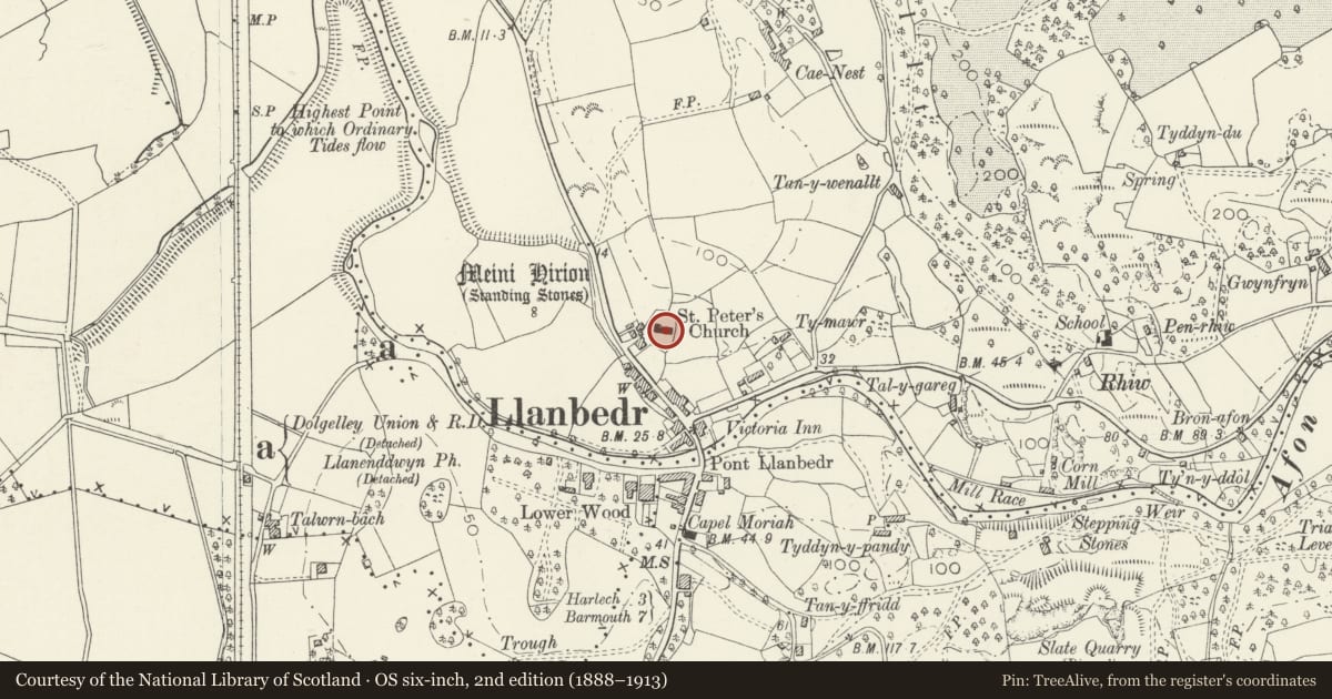 Ordnance Survey six-inch map, 2nd edition (1888–1913) covering the location of Church of St Peter, Llanbedr, Gwynedd, with a pin at the register's coordinates
