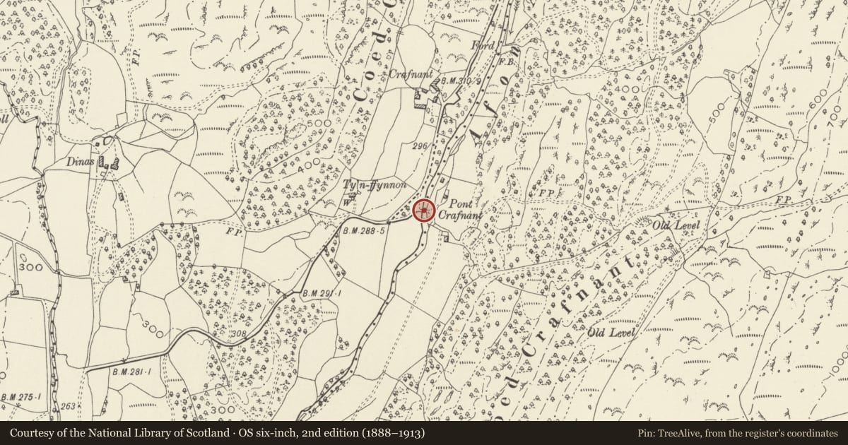 Ordnance Survey six-inch map, 2nd edition (1888–1913) covering the location of Pont Crafnant, Llanbedr, Gwynedd, with a pin at the register's coordinates