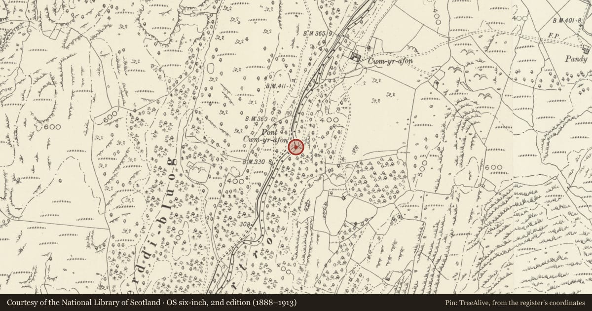 Ordnance Survey six-inch map, 2nd edition (1888–1913) covering the location of Pont Cwm-yr-afon, Llanbedr, Gwynedd, with a pin at the register's coordinates