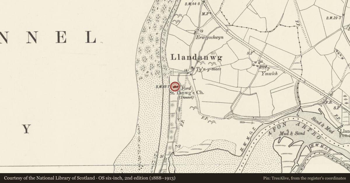 Ordnance Survey six-inch map, 2nd edition (1888–1913) covering the location of Church of St Tanwg, Llanfair, Gwynedd, with a pin at the register's coordinates