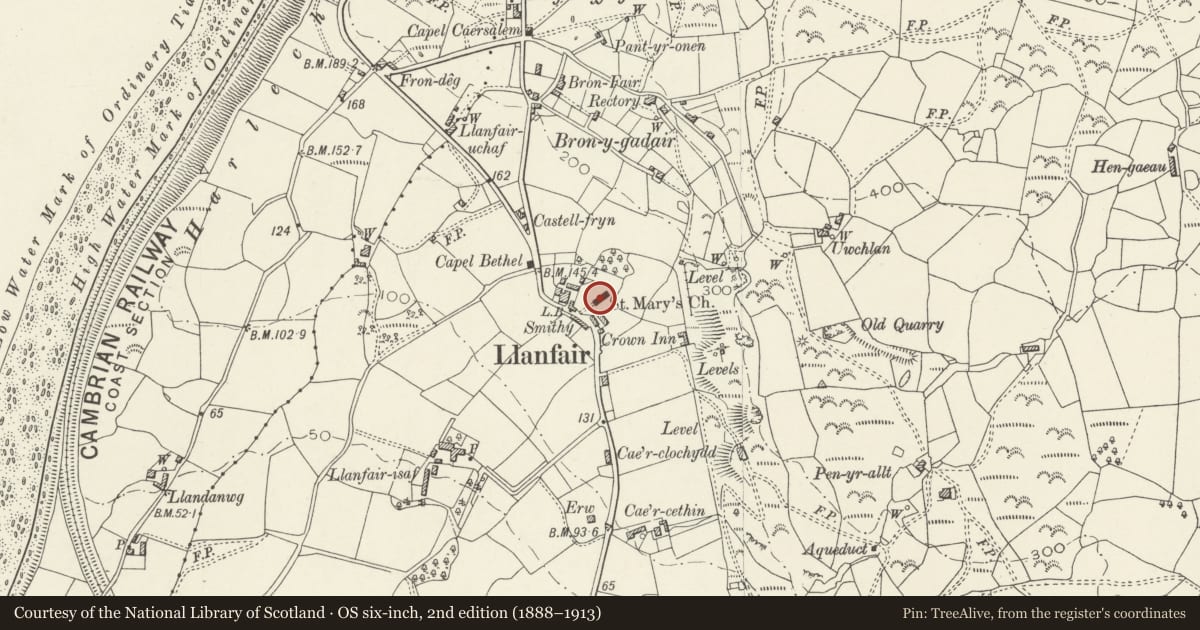 Ordnance Survey six-inch map, 2nd edition (1888–1913) covering the location of Church of St Mary, Llanfair, Gwynedd, with a pin at the register's coordinates