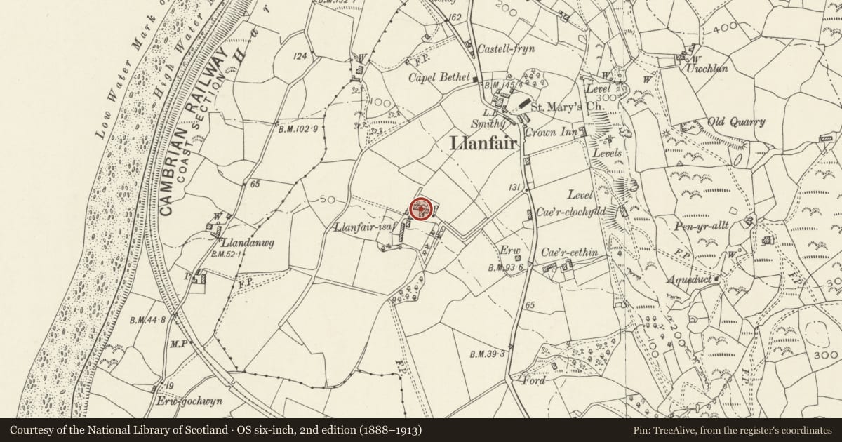 Ordnance Survey six-inch map, 2nd edition (1888–1913) covering the location of Llanfair-Isaf Farmhouse, Gwynedd, with a pin at the register's coordinates