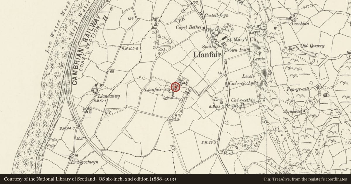 Ordnance Survey six-inch map, 2nd edition (1888–1913) covering the location of Hay barn to the S of Llanfair Isaf, Gwynedd, with a pin at the register's coordinates