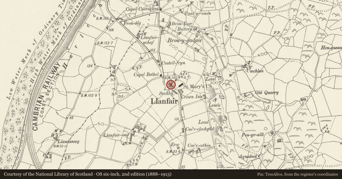 Ordnance Survey six-inch map, 2nd edition (1888–1913) covering the location of Ty Mawr, Llanfair, Gwynedd, with a pin at the register's coordinates
