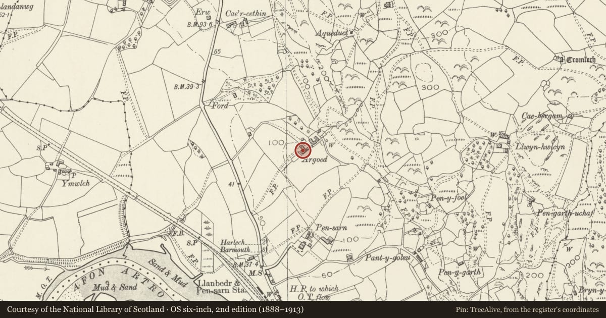 Ordnance Survey six-inch map, 2nd edition (1888–1913) covering the location of Argoed Farmhouse, Llanfair, Gwynedd, with a pin at the register's coordinates