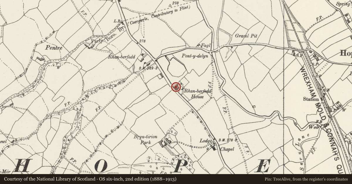 Ordnance Survey six-inch map, 2nd edition (1888–1913) covering the location of Rhanberfydd Farmhouse and Cottage, Hope, Flintshire, with a pin at the register's coordinates