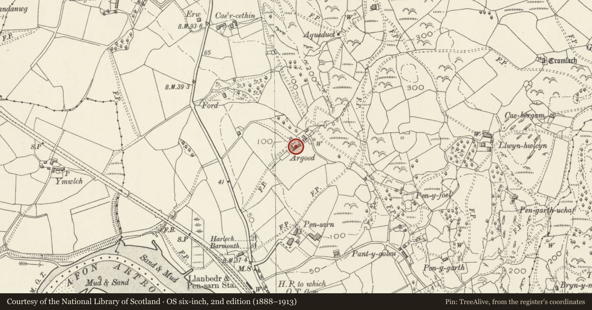 Ordnance Survey six-inch map, 2nd edition (1888–1913) covering the location of Cowhouse range at Argoed, Llanfair, Gwynedd, with a pin at the register's coordinates