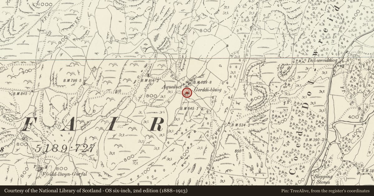 Ordnance Survey six-inch map, 2nd edition (1888–1913) covering the location of Barn (1) at Gerddi Bluog, Llanfair, Gwynedd, with a pin at the register's coordinates