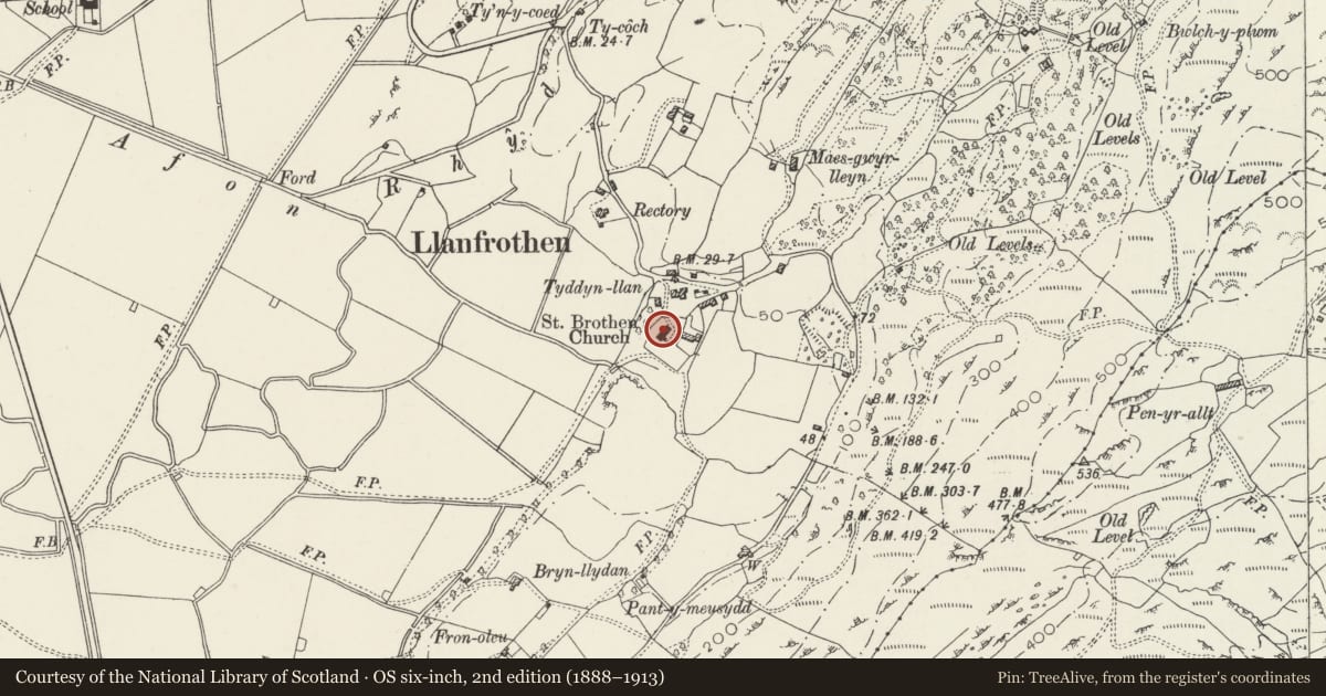 Ordnance Survey six-inch map, 2nd edition (1888–1913) covering the location of Church of St Brothen, Llanfrothen, Gwynedd, with a pin at the register's coordinates