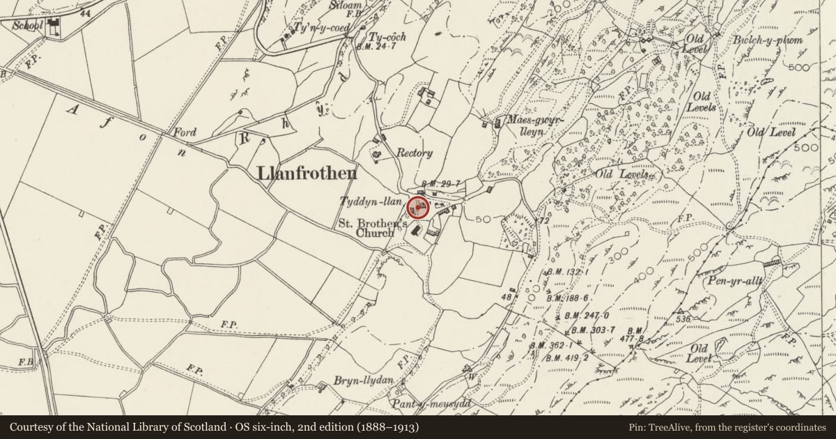 Ordnance Survey six-inch map, 2nd edition (1888–1913) covering the location of Mounting Block NE of Church of St Brothen, Llanfrothen, Gwynedd, with a pin at the register's coordinates