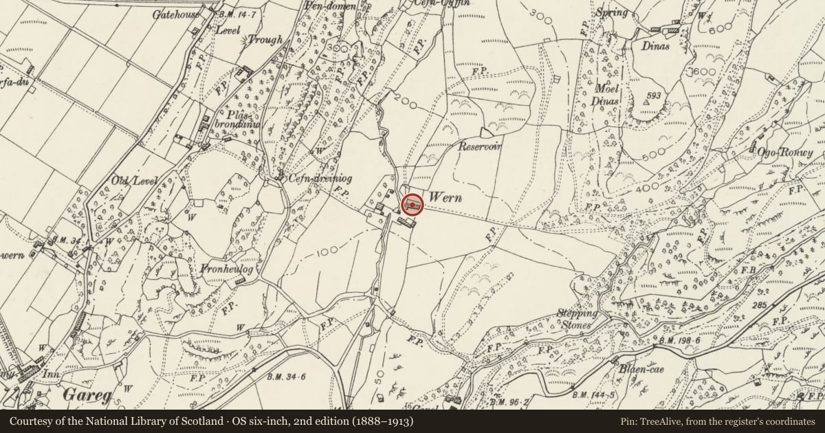 Ordnance Survey six-inch map, 2nd edition (1888–1913) covering the location of Former Stable Block at Wern, Llanfrothen, Gwynedd, with a pin at the register's coordinates