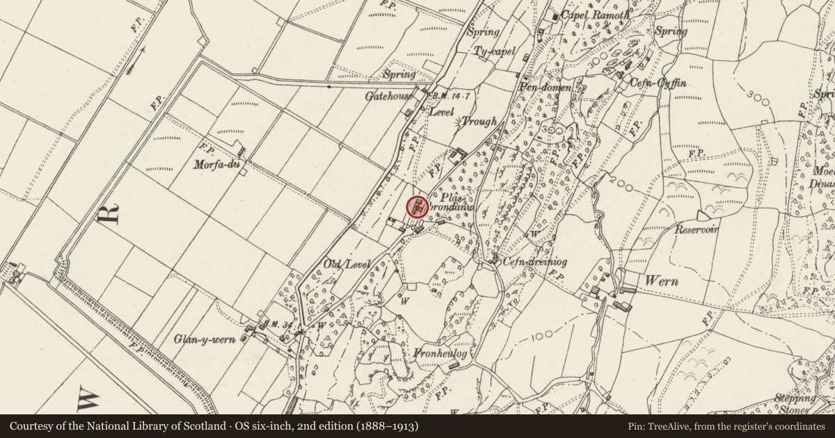 Ordnance Survey six-inch map, 2nd edition (1888–1913) covering the location of Plas Brondanw, Llanfrothen, Gwynedd, with a pin at the register's coordinates