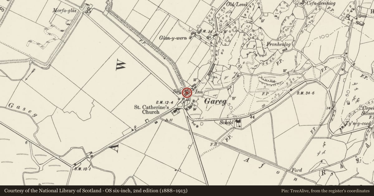 Ordnance Survey six-inch map, 2nd edition (1888–1913) covering the location of 1 Garreg Terrace, A4085, Llanfrothen, Gwynedd, with a pin at the register's coordinates