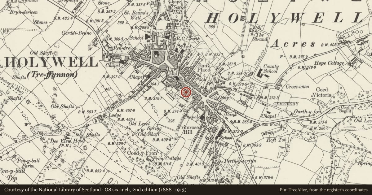 Ordnance Survey six-inch map, 2nd edition (1888–1913) covering the location of 26 Panton Place, Holywell, Flintshire, with a pin at the register's coordinates