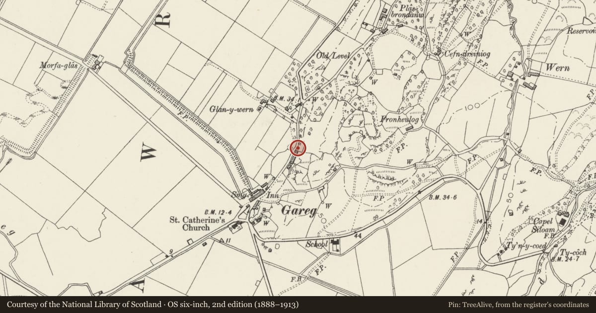 Ordnance Survey six-inch map, 2nd edition (1888–1913) covering the location of The Look Out including adjoining walls, Llanfrothen, Gwynedd, with a pin at the register's coordinates