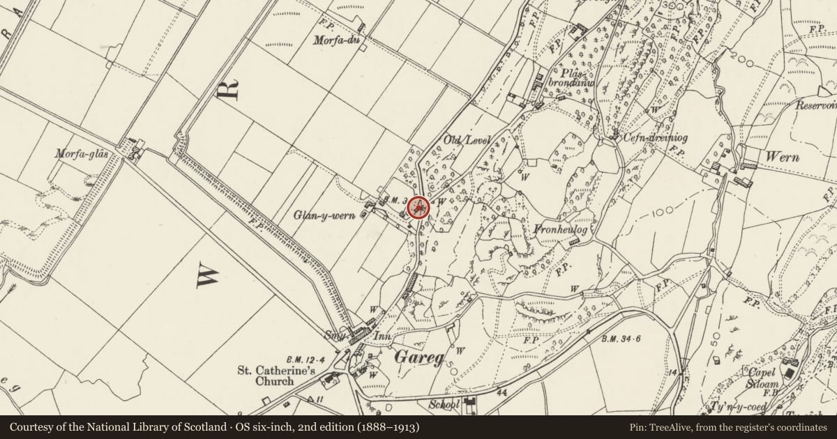 Ordnance Survey six-inch map, 2nd edition (1888–1913) covering the location of Ty Maen, Llanfrothen, Gwynedd, with a pin at the register's coordinates
