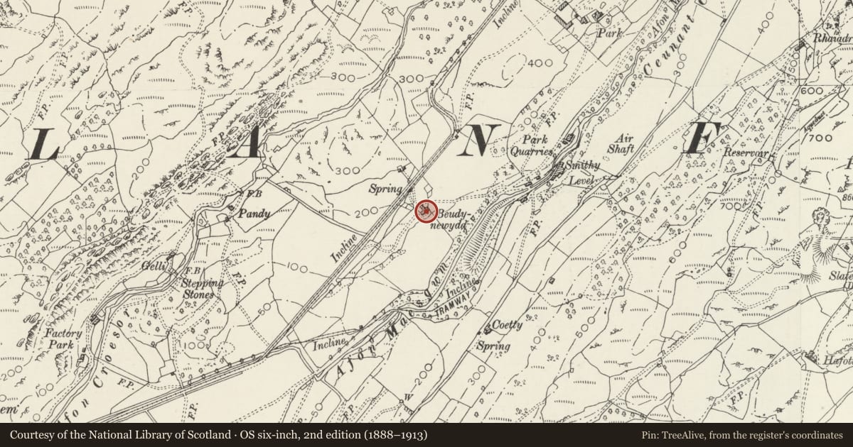 Ordnance Survey six-inch map, 2nd edition (1888–1913) covering the location of Beudy Newydd, Llanfrothen, Gwynedd, with a pin at the register's coordinates