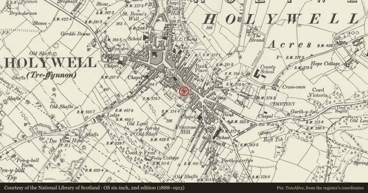 Ordnance Survey six-inch map, 2nd edition (1888–1913) covering the location of 27 Panton Place, Holywell, Flintshire, with a pin at the register's coordinates