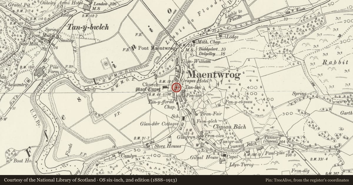 Ordnance Survey six-inch map, 2nd edition (1888–1913) covering the location of Glan Dwyryd, Maentwrog, Gwynedd, with a pin at the register's coordinates