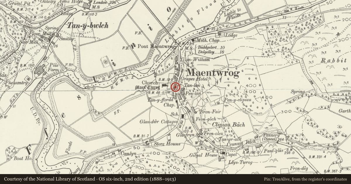 Ordnance Survey six-inch map, 2nd edition (1888–1913) covering the location of Neuadd Llewelyn, Maentwrog, Gwynedd, with a pin at the register's coordinates