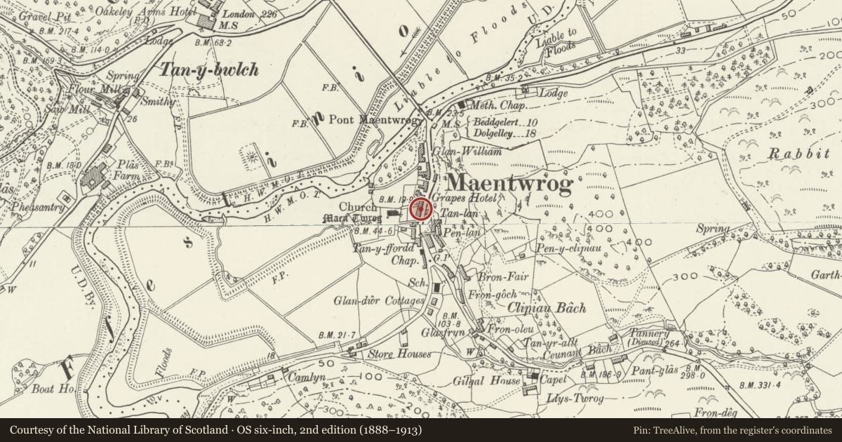 Ordnance Survey six-inch map, 2nd edition (1888–1913) covering the location of Bwlch y Maen - Former Co-operative shop, Maentwrog, Gwynedd, with a pin at the register's coordinates